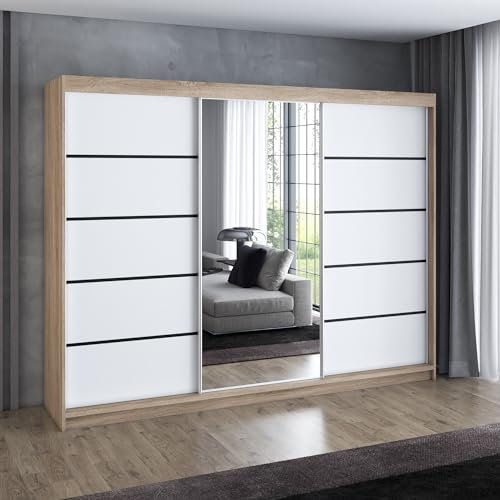 A&J MöbelLand Schwebetürenschrank VILANO 2, 3-türig Schrank 200 cm Kleiderschrank mit 4 Schubladen, und Spiegel (Weiß, Schwarz, Somona) (Sonoma/weiß/weiß)