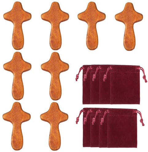WEGREAT Handkreuz Holz: 8 Stücke Handgehaltenes Kreuz Kreuzen, Holzkreuze Klein, Handschmeichler mit 8 Stücke Flanelltasche für Kommunion, Taufe, Beileid Geschenk, Auch als Sterbekreuz (Braun)