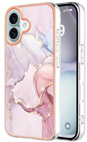 QIWEIQING Marble Design Phone Case for iPhone 16 Plus with Pink Marble for Women Girls, Full-Body Protective Case Soft TPU Slim Skin Cover Compatible with iPhone 16 Plus.Rose Gold YBD