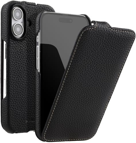 STILGUT UltraSlim passend für iPhone 16 Hülle - iPhone 16 Flip Case kompatibel mit MagSafe aus Leder, Klapphülle, Handyhülle, Lederhülle - Schwarz