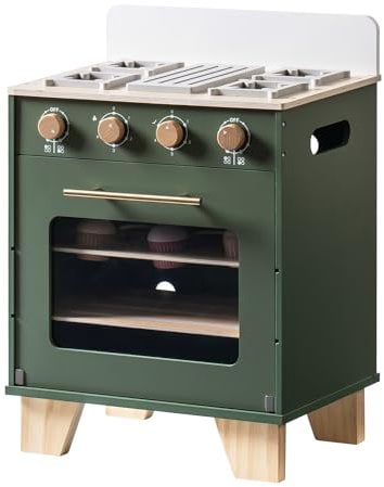ROBOTIME Horno de cocina de juguete de madera vintage para niños, horno de juego de simulación con bandeja para hornear y alimentos de juego, juego de cocina de madera, para niñas y niños de más de 3