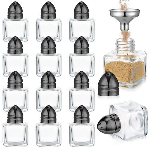 Uiifan Lot de 12 petites salières et poivrières en forme de cube de 14,2 g avec dessus ton en verre transparent avec entonnoir pour fête de mariage, restaurant, maison, cuisine (noir)