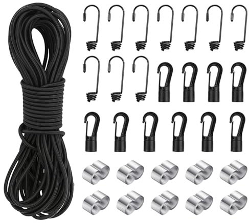 Farerkass Cuerda Elástica 6 mm x 15 m, Cordón de Goma con 10 Ganchos en Espiral, 10 Abrazaderas de Estrangulamiento, 10 Ganchos de Plástico, Correa Elástica, para Lona Camping, Kayak, Remolque