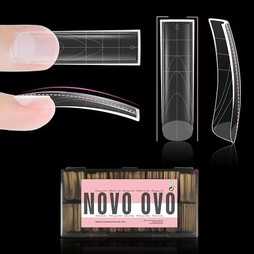 NOVO OVO XXL Slightly Curved Square Nail Tip, Leicht gebogene quadratische Nagelspitze, extra dicke künstliche Nägel zum Aufdrücken, vollständige und halbe Abdeckung mit Hilfslinie 15 Größe 240 Stück