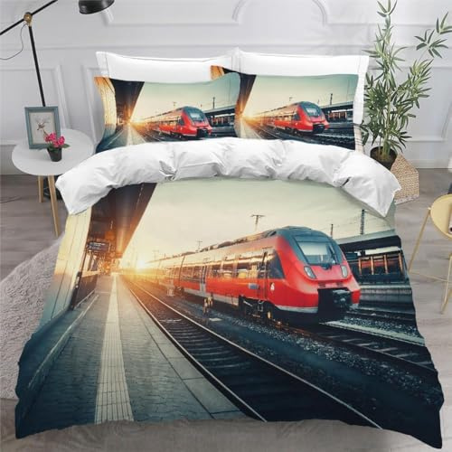 Generisch Bettwäsche 155x220 Zug Eisenbahn Bettbezug 155x220 3 Teilig Erwachsene Bettwäsche-Sets 3D Muster Weiche Mikrofaser Bettbezüge mit 2 Kissenbezug 80x80 cm C3429