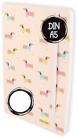 Online Bullet Journal Dackel dotted A5 mit Gummiband, 120 g/m² FSC Papier, 144 Innenseiten Notizbuch gepunktet mit Soft Cover, Tagebuch für Notizen, Skizzen, Lettering Bullet Journaling