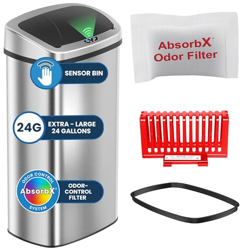 iTouchless 24 Gallon Extra Large Touchless Sensor Trash Can with AbsorbX Odor Filter, 91L Commercial Stainless Steel Automatic Kitchen Bin for Home, Office, Restaurant, Commercial Lobby, Store