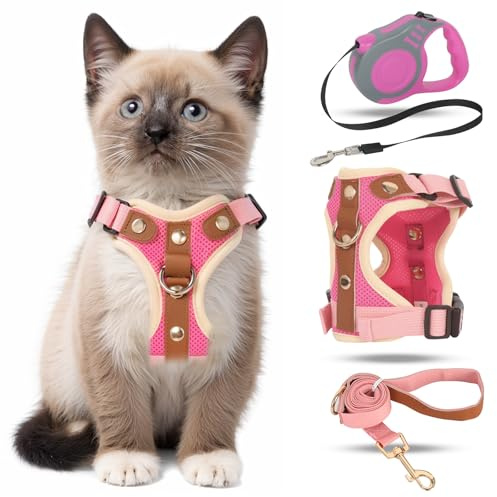 Harnais pour Chat avec Laisse Enrouleur, Anti-éclatement Harnais Chaton et 5m Laisse Chat Rétractables Kit, Réglable Filet Respirant Harnet pour Chaton, Chiot