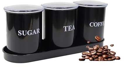 ZoeQide Juego de 3 tarros de cocina – Tarro de café hermético, azucarero y caja de té con tapa – Juego de recipientes de metal negro con bandeja, diseño retro para encimera, estante de cocina