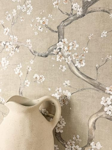 Newroom papier peint intissé beige fleurs de cerisier salon chambre | branches fleuries blanches, greige chaleureux, esprit campagne naturelle, motif floral, revêtement mural déco