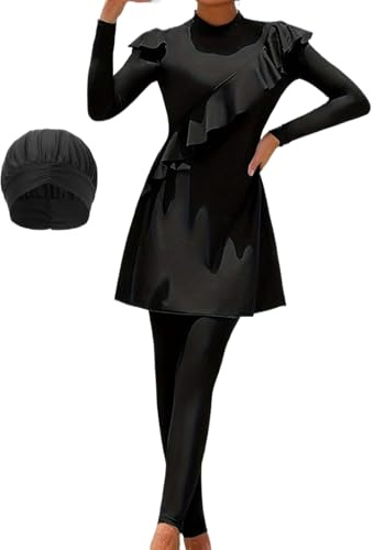 Hijab - Costume da Bagno da Donna, a Maniche Lunghe, Hijab, alla, per Sport Acquatici, Immersioni, Surf, Piscina, Palestra, attività all'aperto, Nero, M