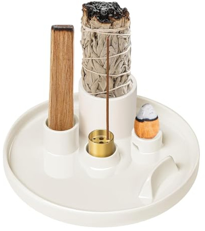Luckwaii 5 in 1 Räucherstäbchenhalter Keramik mit Ascheschale, 14.5 x 5 cm | Räucherstäbchen Halter Incense Holders Yoga Meditation Räuchergefäß für das Verbrennen von Salbei, Palo Santo, Räucherkegeln