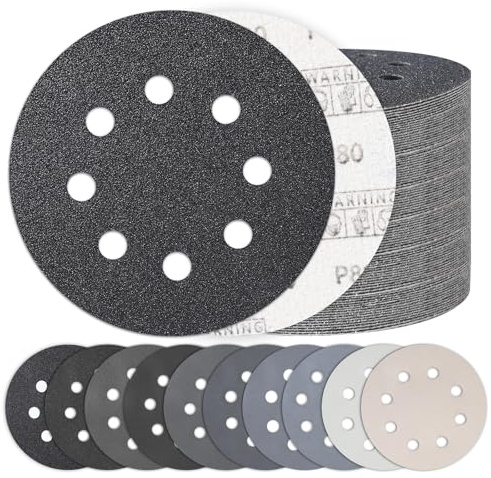 100PCS 5 Inch Hook and Loop Sanding Discs, 8 Hole Wet Dry Orbital Sander Sandpaper 80-5000 Grit Assortment Silicon Carbide Sand Paper for Automotive Wood Metal Glass