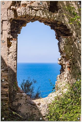Wallario Outdoor-Poster für Garten oder Balkon Felsenblick aufs Meer, Motivbanner Größe: ca. 100 x 150 cm, Outdoor-Bild
