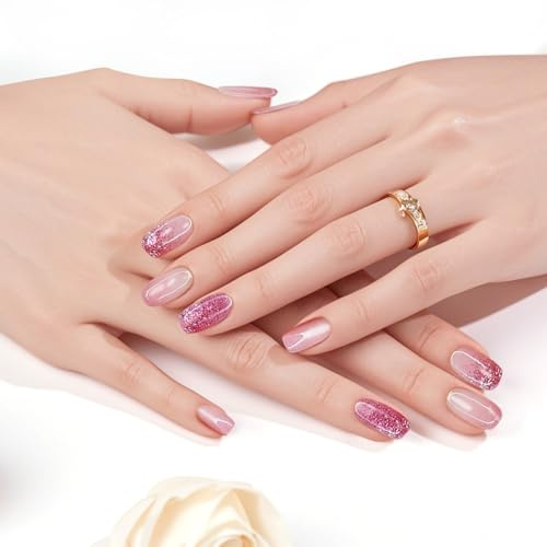 24 Faux Ongles Courts à Coller Ongles en Acrylique à Paillettes Nude Kit Complet de Manucure Instantanée avec Colle et Lime Incluses Press on Nails Artificiels pour Femmes et Filles Capsules Ongles