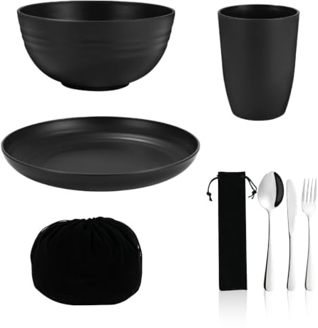 6-teiliges Camping Geschirr Set, Wiederverwendbare Tasse, Schüssel, Teller, Camping Besteck Set, Edelstahl Messer, Gabel, Löffel, Spülmaschinenfest, Mess Kit für Outdoor, Picknick und Reisen