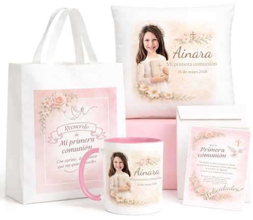 Kembilove® Pack Primera Comunión Niña Personalizado con Nombre y Fecha – Con Caricatura Personalizada – Bolsa, Taza, Cojín y Tarjeta – Regalo Original y Decorativo