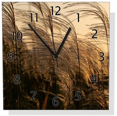 Wallario Design-Wanduhr Schilf im Wind aus Glas, Motiv-Uhr Größe 30 x 30 cm, Schwarze Zeiger