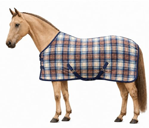 Brama-West Fleece Abschwitzdecke Pferd – Anti-Pilling Pferdedecke Atmungsaktiv mit Kreuzgurten (Braun/Mocca/Blau, 125)