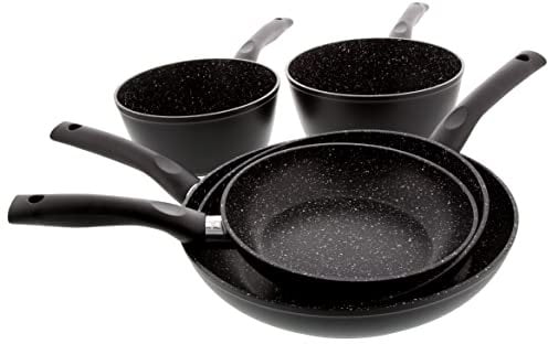 Pradel Excellence - Set de 3 Poêles 20/24/28 cm + 2 Casseroles 18/20 cm - Aluminium Forgé - Revêtement Anti-Adhésif Façon Pierre - Manche Fixe - Tous Feux y compris Induction