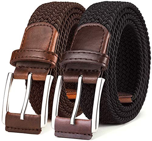 BULLIANT Belt Men 2 Packs, Elasticated Belt Stretch Weave Belt 1 3/8,Casual Braided Woven Golf Belts for Mens Womens Jeans(Black/Dark Brown,26-30 Waist Adjustable)