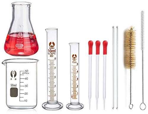 Flacons Erlenmeyer en Verre, JESSTOLO 50 ml Flacon Conique En Verre, 50ml Bécher en Verre, 10ml/5ml Cylindre Graduées, 2 Brosses de Nettoyage, 3 Eprouvette en Verre et 2 Agitateurs en Verre