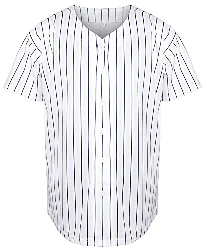 Phoneutrix Unifarbenes Hip-Hop-Baseballtrikot, Button-Down-Shirt, Sportuniformen, für Herren und Damen, weiß gestreift, XX-Large