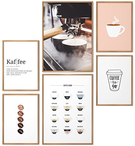 Papierschmiede® Mood Poster Set Kaffee, Gerahmte Bilder in Natur-Holzrahmen, Küche & Wohnzimmer, 2x DIN A4 und 4x DIN A5, Küche Espresso Cappuccino