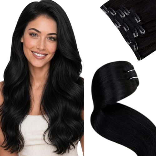 LaaVoo Clip in Extensions Echthaar Schwarz 40cm Haarverlängerung Echthaar Clip in Schwarz 5PCS/80g Doppelt Tressen Echthaar Extensions Clips Menschenhaar Glatt