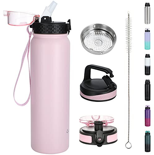 OLDLEY Edelstahl Wasserflasche mit Stroh 1L Vaccum Isolierte Große Getränkflasche mit 3 Deckeln Metall Trinkflasche 1 Litre Auslaufsicher Halten Heiß kalt für Gym Camping Fahrrad Sport