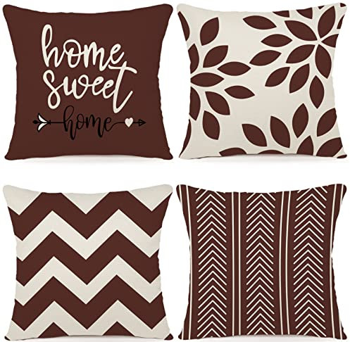 ZWJD Kissenbezug 50x50 4er Set Dekokissen Kissenbezüge Dekoration Outdoor Kissenbezüge Leinen Dekokissen für Schlafzimmer, Sofa, Stuhl, Bett, Garten (50 x 50 cm,Kaffee)