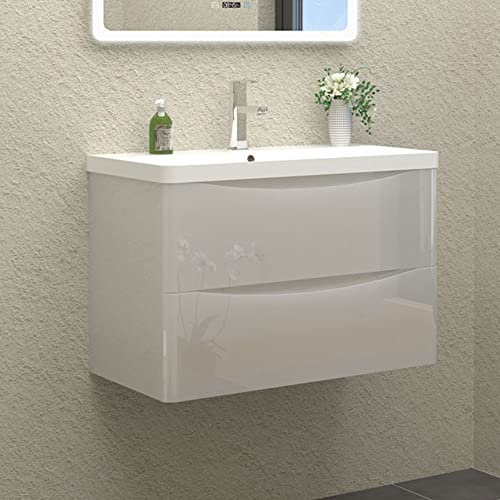 HAPAOSO Waschtisch mit Unterschrank 80 cm Breit Weiß Hochglanz Badmöbel Set Hängend 2 Soft-Close Schubladen MDF-Platte