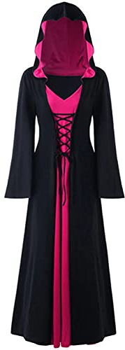 FSUJWOA Costume Medieval Femme, Robe medievale femme, Robe Vintage Renaissance pour Halloween(Noir et Rose, XL)