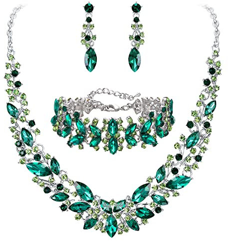 Clearine Hochzeit Braut Halskette Ohrringe und Armband Schmuck Set für Damen Kristall Marquise Cluster Halsband Grün Silber Ton