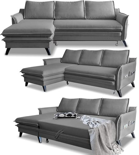 MIUFORM Ecksofa mit Schlaffunktion und Bettkasten | Charming Charlie | Wohnlandschaft Mit Schlaffunktion Couch Schlafcouch Wohnzimmer Gästezimmer | Holzlfüße Boho-Stil (Grau, Links ausgerichtet)