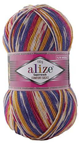 100g Sockenwolle Superwash Comfort 4-fädig Schurwolle Sockengarn Farbauswahl, Farbe:7655 weiß lila pink