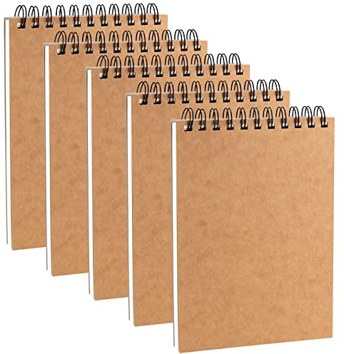 JEUIHAU 5 Pack A5 Spiral Sketchbook, 160gsm Blank Kraft Spiral Bound Hardback Notebook, 100 Pages/50 Sheets Kraft Cover Sketch Book for Portrait, Sketching, Drawing, Upturning Type
