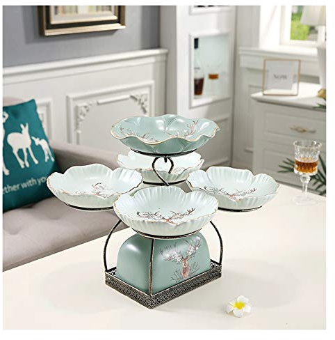 Fruit Dish Tray 2 Tier Fruit Bowl Set with Metal Rack Five Ceramic Fruit Bowl Serving - Tiered Serving Stand - Dessert Appetizer Cake Candy