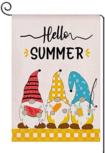 YaoChong Hello Summer niedliche Gartenzwerg, Sonnenschein, Gartenflagge, Sommerurlaub, doppelseitig, saisonale Jute, Gartenflagge für Hof, Rasen, Outdoor-Dekoration, 31,8 x 45,7 cm