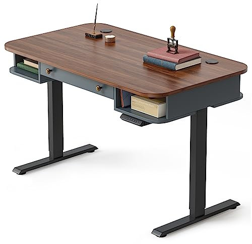 FEZIBO Ganzes-Stück Mid-Century-Moderner elektrischer Stehschreibtisch mit Schublade und offenem Stauraum, 120 x 60 cm Sit-Stand-Heimbüroschreibtisch, Nebelblau Walnuss(2 Pakete)