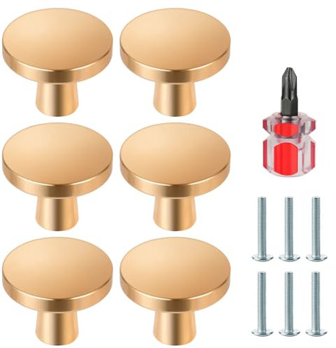 Ainiv 6 Pièces Boutons de Porte, Boutons de Meubles en Or, Boutons Armoire Ronds, Boutons de Tiroir en Doré, Poignees de Porte de Cuisine pour Commode, Armoire, Meuble, Placard, avec Tournevis