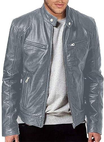 Vestes en Cuir Hommes Vintage PU Cuir Vestes Simple Similicuir Moto Blouson Bomber Blouson avec Fermeture Éclair Coupe-vent pour Automne Hiver, gris, XXL