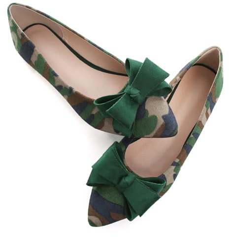SAILING LU Womens Pointed Toe Ballet Flats Cute Bow-Knot Comfortable Loafers Business Slip On Dressy Walking Shoes, J163-camouflage Green, 8 UK