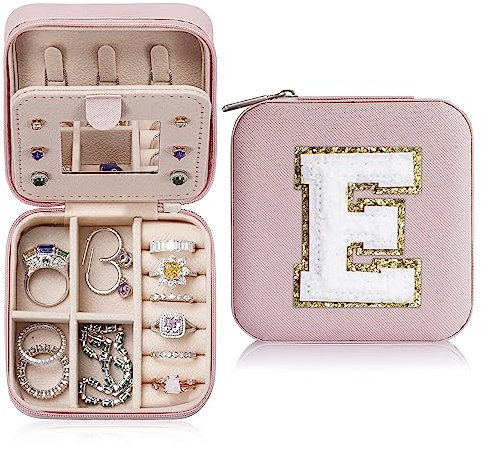 TINGN Klein Schmuckkästchen Mädchen - Buchstaben Reise Schmuckkästchen Mädchen Schmuckkästchen Jewelry Box Reise Schmuckkästchen Schmuck Organizers Mini Reise Schmuckkästchen mit Buchstaben E - Rosa