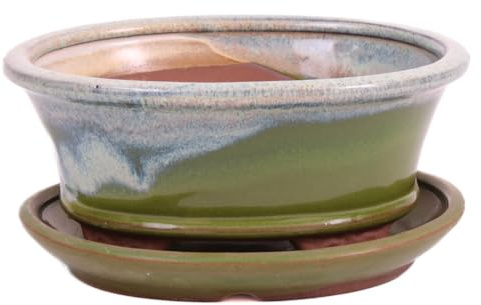 Bonsai - Schale oval 16 x 12.5 x 7.5 cm, grün/beige, mit Untersetzer 23185
