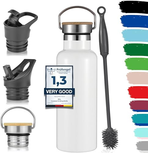 Milu Borraccia in acciaio inox, 350 ml, 500 ml, 750 ml, 1000 ml (+3 coperchio), thermos con cannuccia, borraccia isolata, a prova di perdite, a doppia parete (Bianco, 750ml)