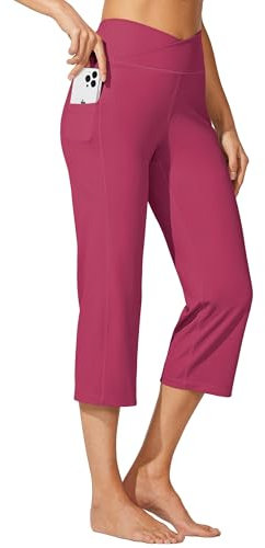 WILLIT Damen Capri Yogahose Straight Leg Stretch Arbeitshose Crossover Elegante High Waisted mit Taschen Yoga Workout Casual Rosa S