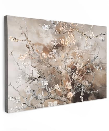 MuchoWow© Bild auf Leinwand 90x60 cm Schlafzimmer Bilder Badezimmer Wand Deko Wohnzimmer Modern Wanddeko Bilderwand Geschenk Mandelblüte - Kunst - Van Gogh - Beige - Abstrakt