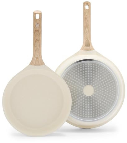 GreenLife Arte 2 Piece Frying Pan Set, Ceramic Nonstick 9.5 & 11 Skillets, Induction Suitable, Non Toxic PFOA & PFAS Free, Wood Print Handles, Dishwasher Safe, Speckled Cream