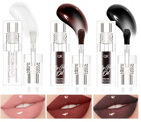 3 Colors Lip Plumping Gloss Waterproof Long-Lasting Moisturizing Velvety Lip Stain Clear/Black Cherry/Black Lip Oil Plumping Hydrating Liquid Lipstick Vegan Lip Makeup